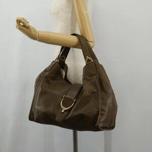 GUCCI Horsebit Shoulder Bag Leather Khaki Auth ep11163